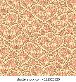Seamless pattern covered with paisley-hearts