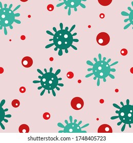 Seamless pattern, covid-19, coronavirus, green and red viruses and circles on pink background.