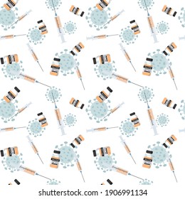 Seamless pattern Covid-19 virus syringe injection tool and vaccine bottles with orange color injection. Cartoon Coronavirus virus cells. Flat Vector illustration on white background