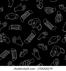 Seamless pattern with covid-2019 protection products, consisting of masks, gloves and glasses. Vector illustration on medical subjects in the outline style. For banners, posters, wrapping paper, etc.