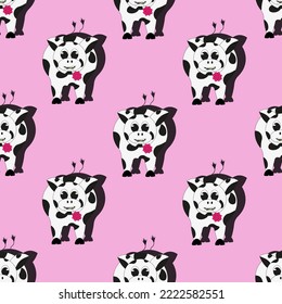 Patrón sin foco con vaca con hermosa flor rosa en la boca sobre fondo rosa. 3 d con el animal de granja. Corta la impresión para ropa de cama y papel pintado para niños en la habitación para bebés.