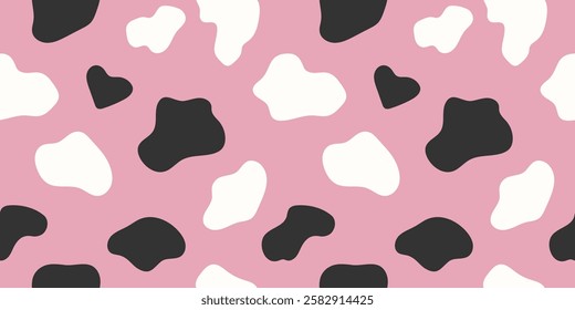 Seamless pattern with cow black and white spots on pink background. Simple dalmatian design, animal print texture for wallpaper, textile, wrapping paper, fabric, cover. 