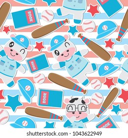 Seamless pattern of cow boy and toys on striped background vector cartoon illustration for kid wrapping paper, kid fabric clothes, and wallpaper