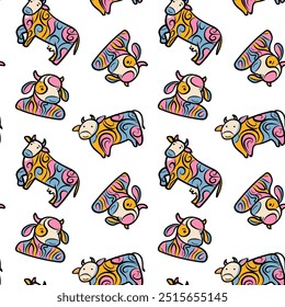 Seamless pattern cow and bull. Bright. Line. Doodle. Hygge concept vector flat illustration