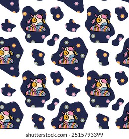 Seamless pattern cow and bull. Bright. Line. Doodle. Hygge concept vector flat illustration