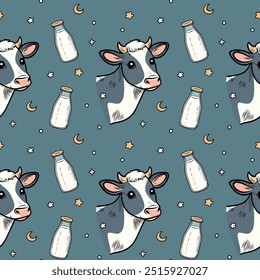 Seamless pattern cow and bull. Bright. Line. Doodle. Hygge concept vector flat illustration
