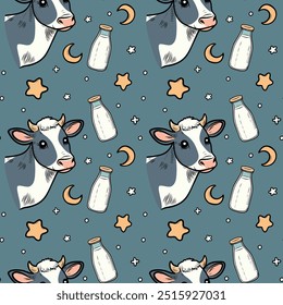 Patrón sin fisuras de vaca y toro. Brillante. Línea. Doodle. Ilustración plana de Vector de concepto de Hygge