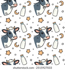 Vaca e touro sem emenda padrão. Brilhante. Linha. Rabiscar. Ilustração plana do vetor do conceito de Hygge