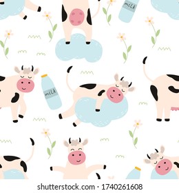 Seamless pattern with a cow in clouds and chamomile flowers on a white background. Vector illustration for printing on fabric, packaging paper, packaging with dairy products. 