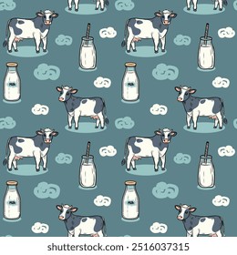 Seamless pattern cow in clouds, stars, moon, milk, vector flat illustration for fabric, packaging, stationery.