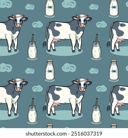 Seamless pattern cow in clouds, stars, moon, milk, vector flat illustration for fabric, packaging, stationery.