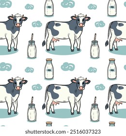 Vaca padrão sem emenda em nuvens, estrelas, lua, leite, vetor ilustração plana para tecido, embalagem, papelaria.