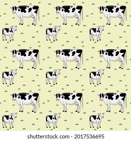 Seamless pattern with cow, cute cartoon style on yellow background. The vector illustration is suitable for decorating fabric, textile, print,wrapper.bright colors for children