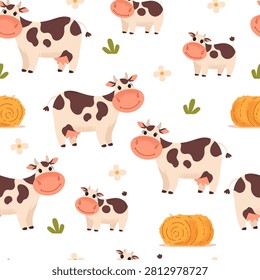 Seamless pattern with cow. Farm animals. Cute cartoon pets. Various animals. Cow, calf and haystack. Flowers and grass. Meadow, pasture. Vector illustration.