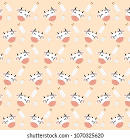 Seamless pattern cow, glass of milk and The traditional bottle of milk  on orange background. Vector cartoon design. Vector illustration.