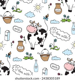 Patrón sin costuras con vaca, hierba y paquetes de leche sobre fondo blanco. Vacas felices y productos lácteos, papel pintado de textura. Diseño dibujado a mano con divertido animal doméstico. ilustración vectorial