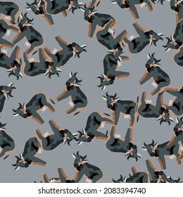 Vaca patrón sin foco sobre fondo gris. Textura abstracta de animales de granja para cualquier propósito. Plantilla aleatoria para el diseño de tela textil. Ornamento vectorial simple.