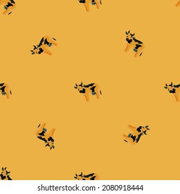 Seamless pattern cow on yellow background. Texture of farm animals for any purpose. Geometric template for textile fabric design. Simple vector ornament.
