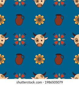 seamless pattern with cow, pitcher and flowers. rustic backdrop, background.  vector illustration.