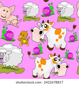 seamless pattern with cow, sheep and piglet