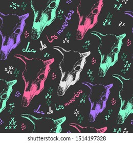 
Seamless pattern with cow skull - animal bones and horns. Handwritten phrase Dia de los muertos. Dark background. Green, pink and purple animal's skulls. Design elements for Day of the Dead.