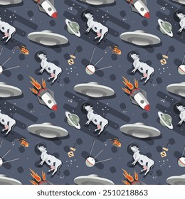 Seamless pattern, cow with UFO in outer space flat childrens doodle