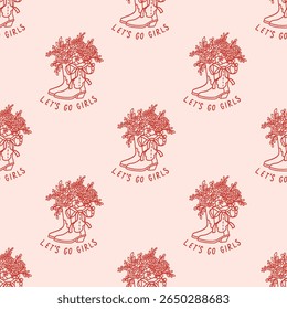 Padrão sem costura com botas de cowboy e bouquet decorado coquette arco fita. Letras de tinta de desenho à mão Let's Go Girls. Antecedentes para casamento, solteira, festa de vaqueiras. Boho Rústico Estético