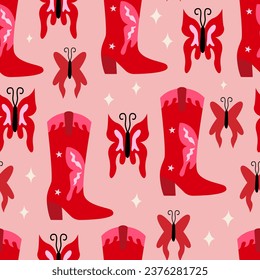 Seamless pattern with cowboy boots and butteflies. Vector flat western background