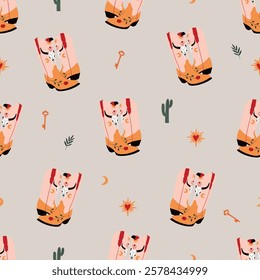 Seamless pattern with cowboy boots and cactus. Cowgirl boots with ornament. Cowboy western and wild west theme. Hand drawn vector set