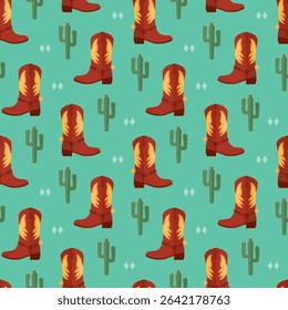 seamless pattern cowboy boots cactus on blue background vector wallpaper textile giftwrap fabric