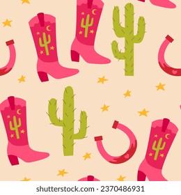 Seamless pattern with cowboy boots and cactuses. Western flat vector background