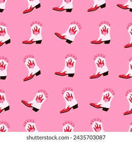 Seamless pattern with cowboy boots. Cowgirl boots. Western and wild west theme. Party poster, banner or invitation. Hand drawn vector illustration on pink background