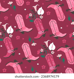 Seamless pattern with cowboy boots and flowers. Vector graphics.