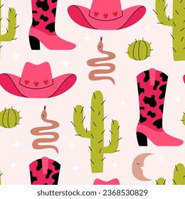 Seamless pattern with cowboy boots, hat, cactuses and snakes. Wild west vector flat background