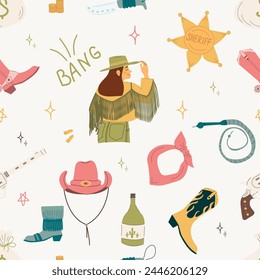 Seamless pattern with cowboy boots, hat, cards, stars and snakes. Wild West theme. The simple baby style is ideal for textiles, baby shower fabrics, digital paper and fashion.