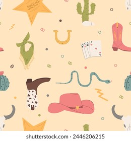 Seamless pattern with cowboy boots, hat, cards, stars and snakes. Wild West theme. The simple baby style is ideal for textiles, baby shower fabrics, digital paper and fashion.