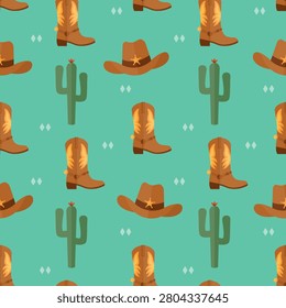 seamless pattern cowboy boots hat cactus on blue background vector wallpaper textile giftwrap fabric