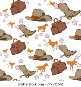 Seamless pattern of cowboy boots, hat and other objects. Vector illustration