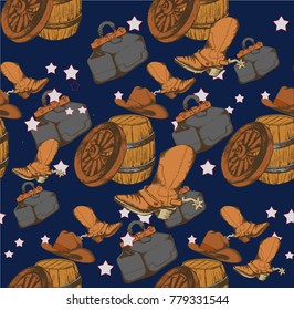 Seamless pattern of cowboy boots, hat and other objects. Vector illustration