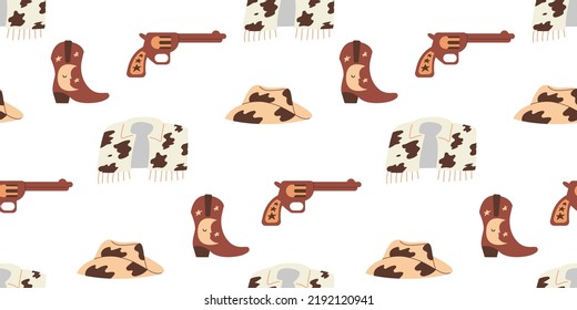 Nahtloses Muster mit Cowboystiefeln, Hüten, Pistole und Jacke mit Kuhdruck. Vektor, wilder westlicher Hintergrund
