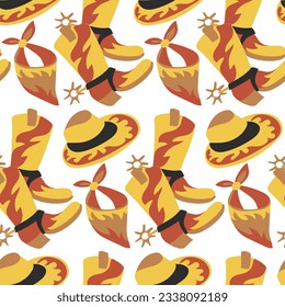 Seamless pattern with cowboy boots, hats, headband. Sheriff, thief, hunter, cowboy. The theme of the western. Cowboy objects on a white background. Vector graphics. Printing on textiles and paper.