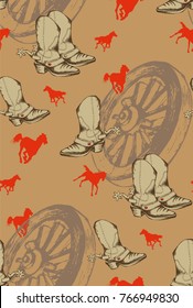 Seamless pattern of cowboy boots and other objects. Vector illustration