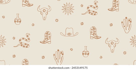 Seamless pattern cowboy boots, snake and cactus design elements