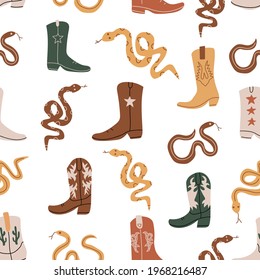 Seamless pattern with cowboy boots and snakes. Wild West theme.  Simple childish  style perfect for textiles, baby shower fabrics, digital paper, fashion.