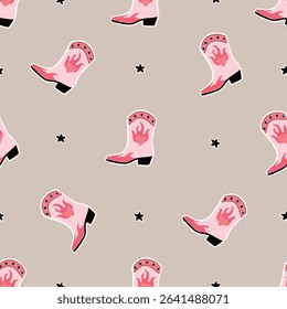 Seamless pattern with cowboy boots and stars. Cowgirl boots. Western and wild west theme. Party poster, banner or invitation. Hand drawn vector illustration