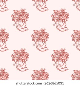 Seamless pattern with cowboy boots vase and beautiful bouquet of sunflowers and coquette bow ribbon. Wild West trendy background for wedding, holiday, cowgirls party. Rustic Boho Aesthetics