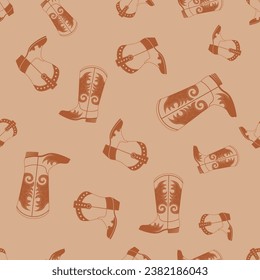 Seamless pattern of cowboy boots. Wild West fashion style. Cowboy western, wild west concept. Hand drawn colored flat vector illustration.