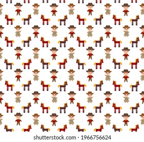 Seamless pattern Cowboy boy girl in national costume and hat, horse. Cartoon children in traditional dress. Isolated on white background. Can be used for Gift wrap fabric wallpapers. Vector