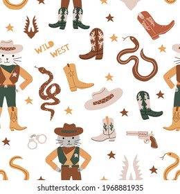 Seamless pattern with cowboy cat,  boots, hat, stars and snakes. Wild West theme.  Simple childish  style perfect for textiles, baby shower fabrics, digital paper, fashion.