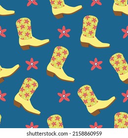 Seamless pattern of сartoon cowboy, cowgirl boots with cute flowers on blue. Wild West fashion style. Cowboy western, wild west concept. Hand drawn colored flat vector illustration.